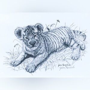 Signed Vintage Gwen Mamula Art Print w Matte Baby Tiger Cub Wildlife Safari Cute